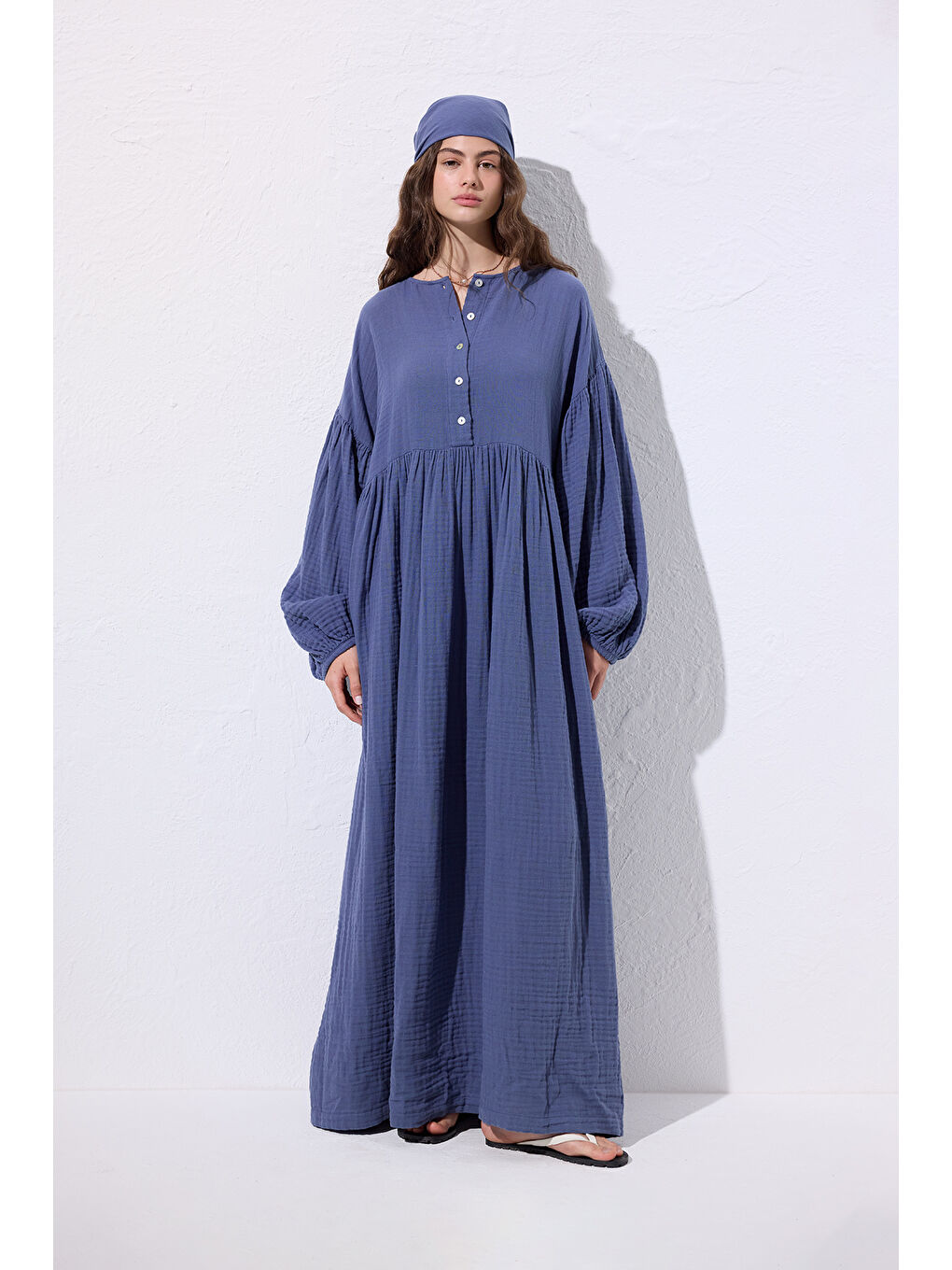 Müslin Düğmeli Rahat Elbise İndigo-2