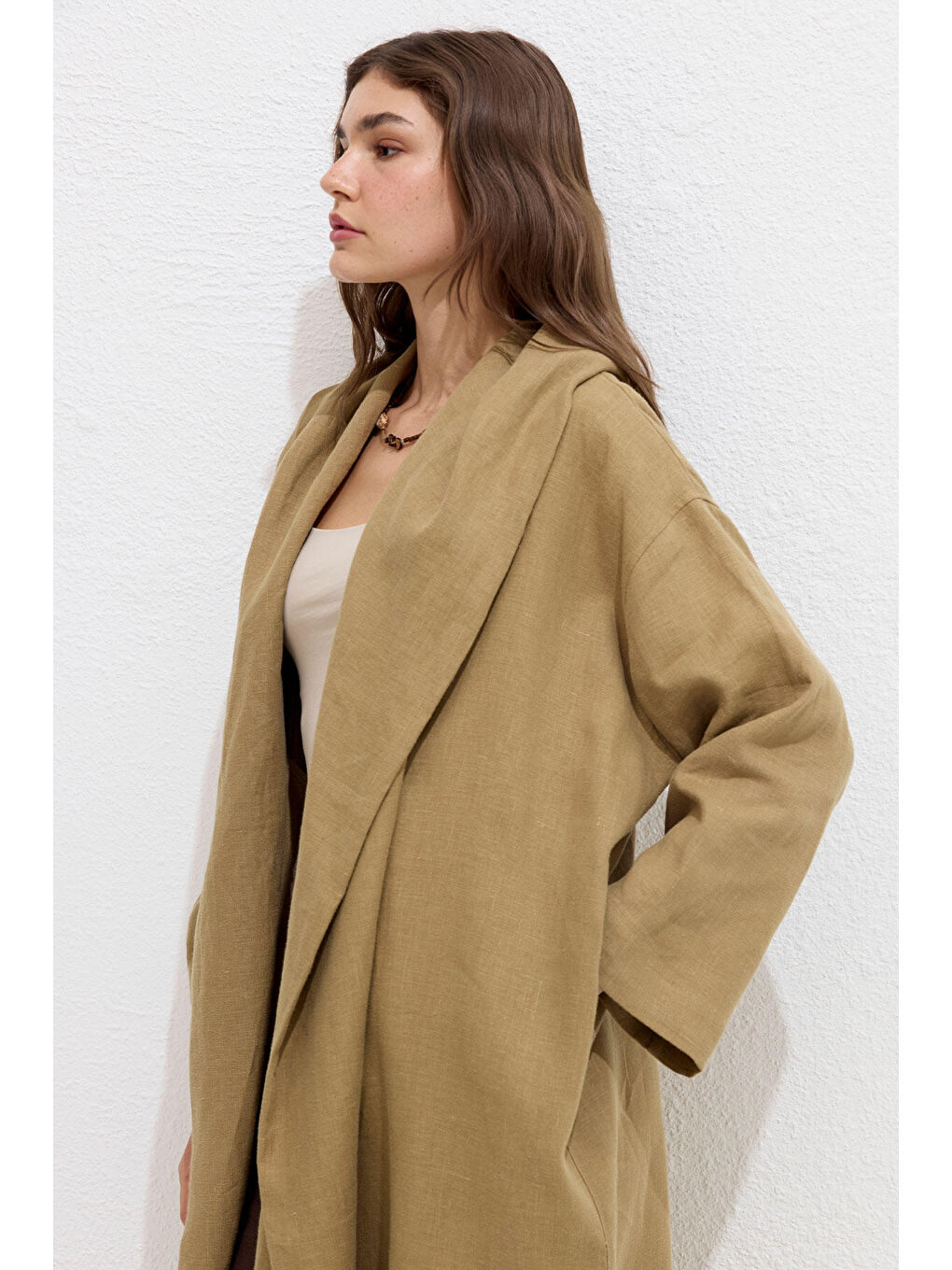 Bej Kapüşonlu Keten Trençkot Sahra-3