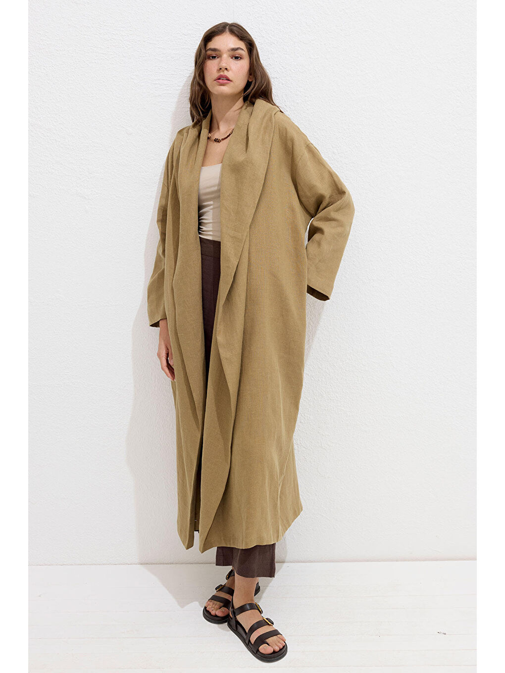 Bej Kapüşonlu Keten Trençkot Sahra-4