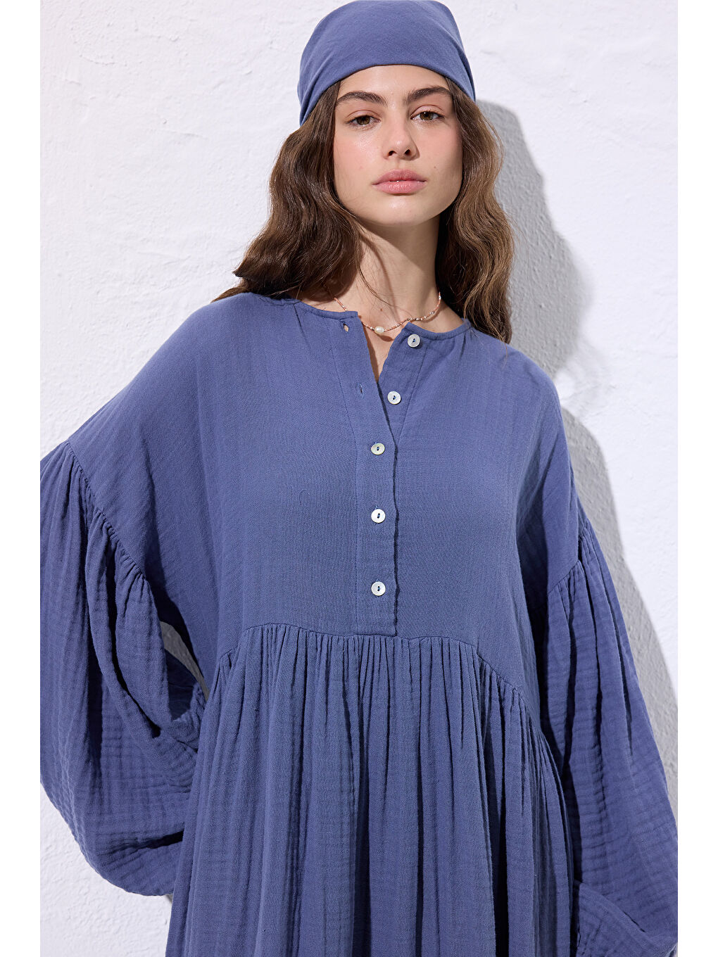 Müslin Düğmeli Rahat Elbise İndigo-3