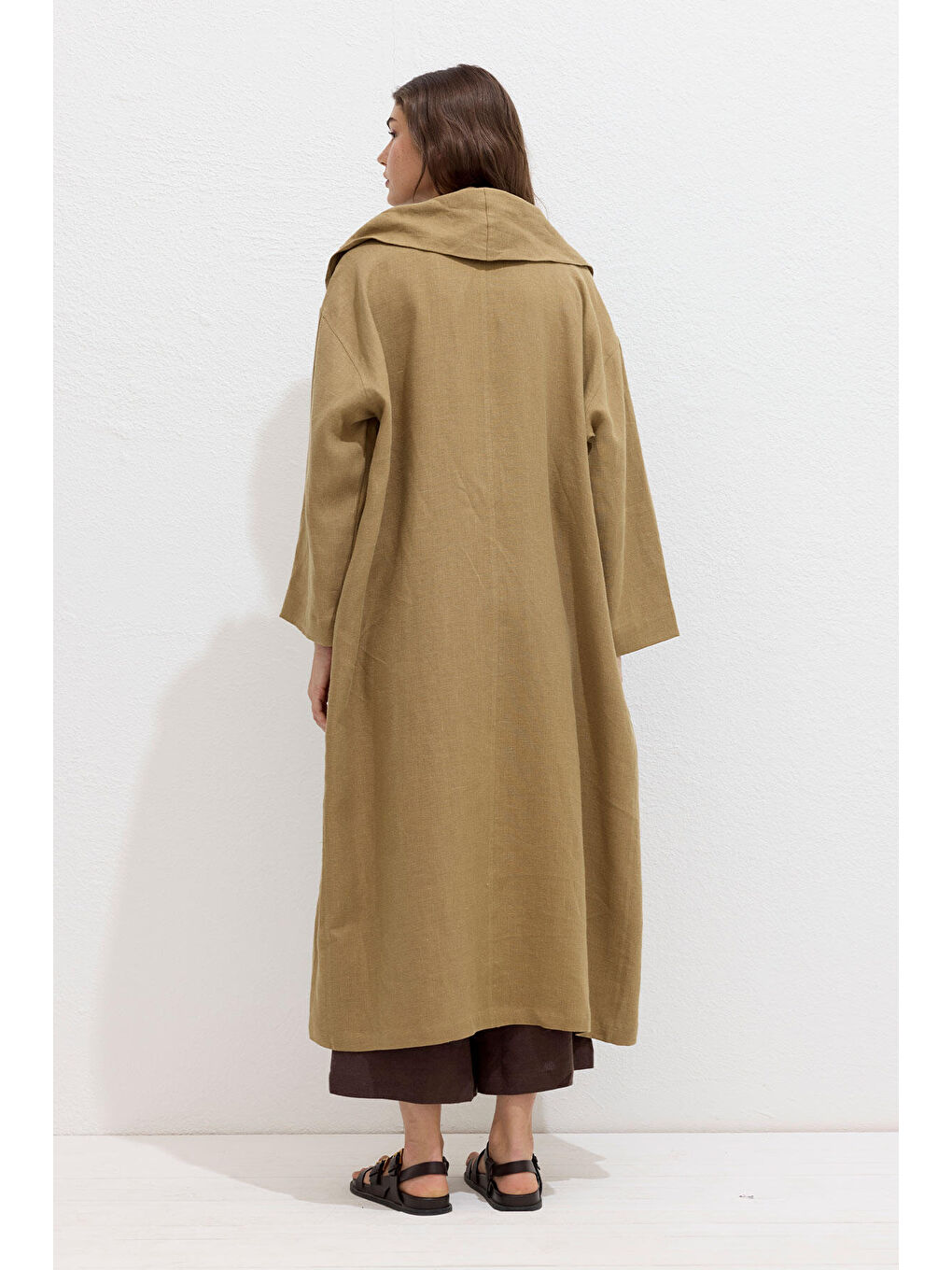 Bej Kapüşonlu Keten Trençkot Sahra-5