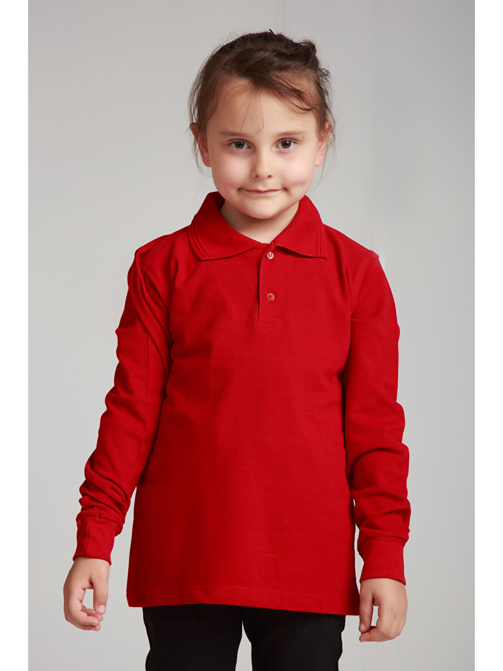 Kırmızı Kids Polo Yaka Basic Uzun Kollu Kız Çocuk-4