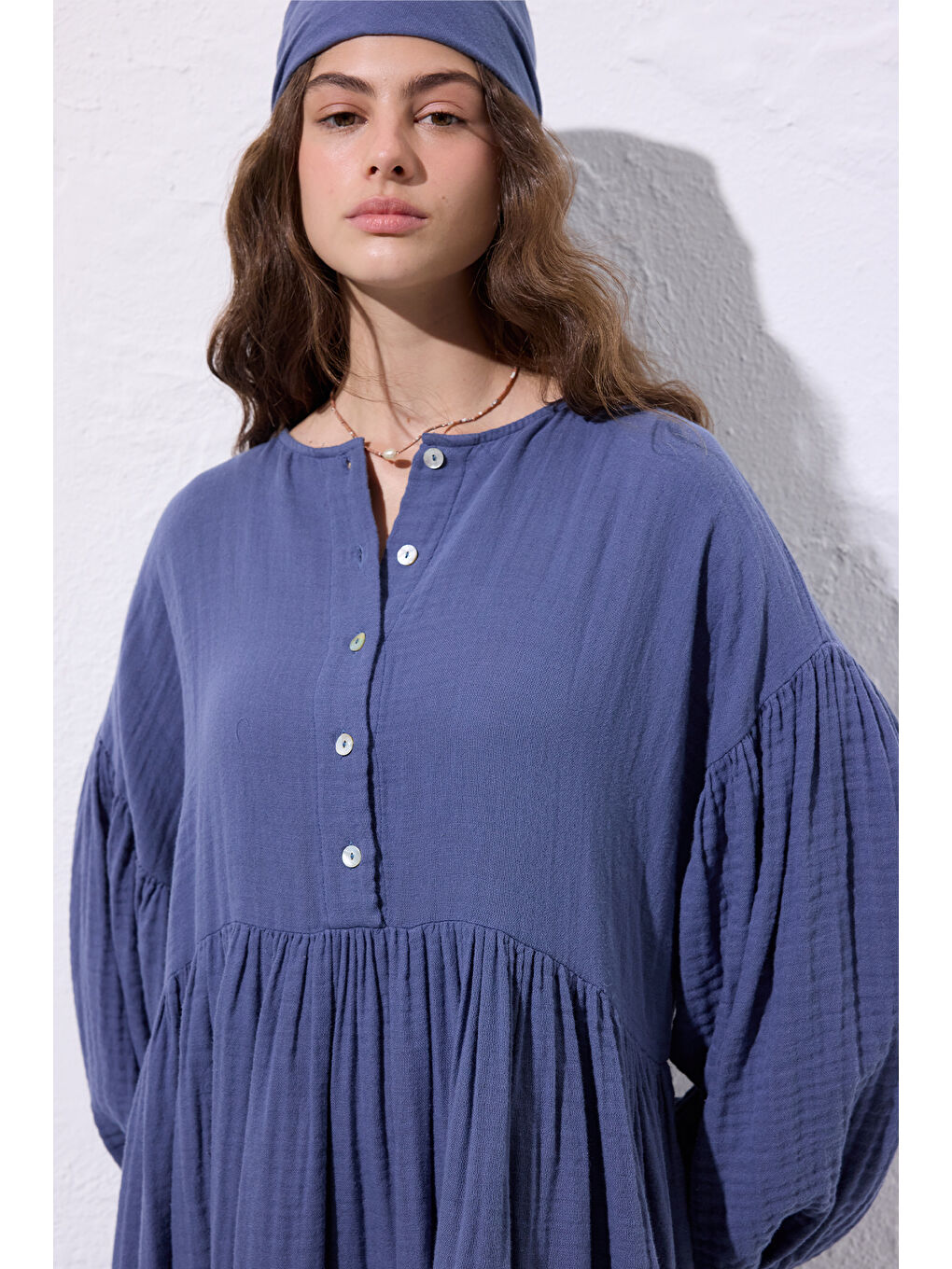 Müslin Düğmeli Rahat Elbise İndigo-5
