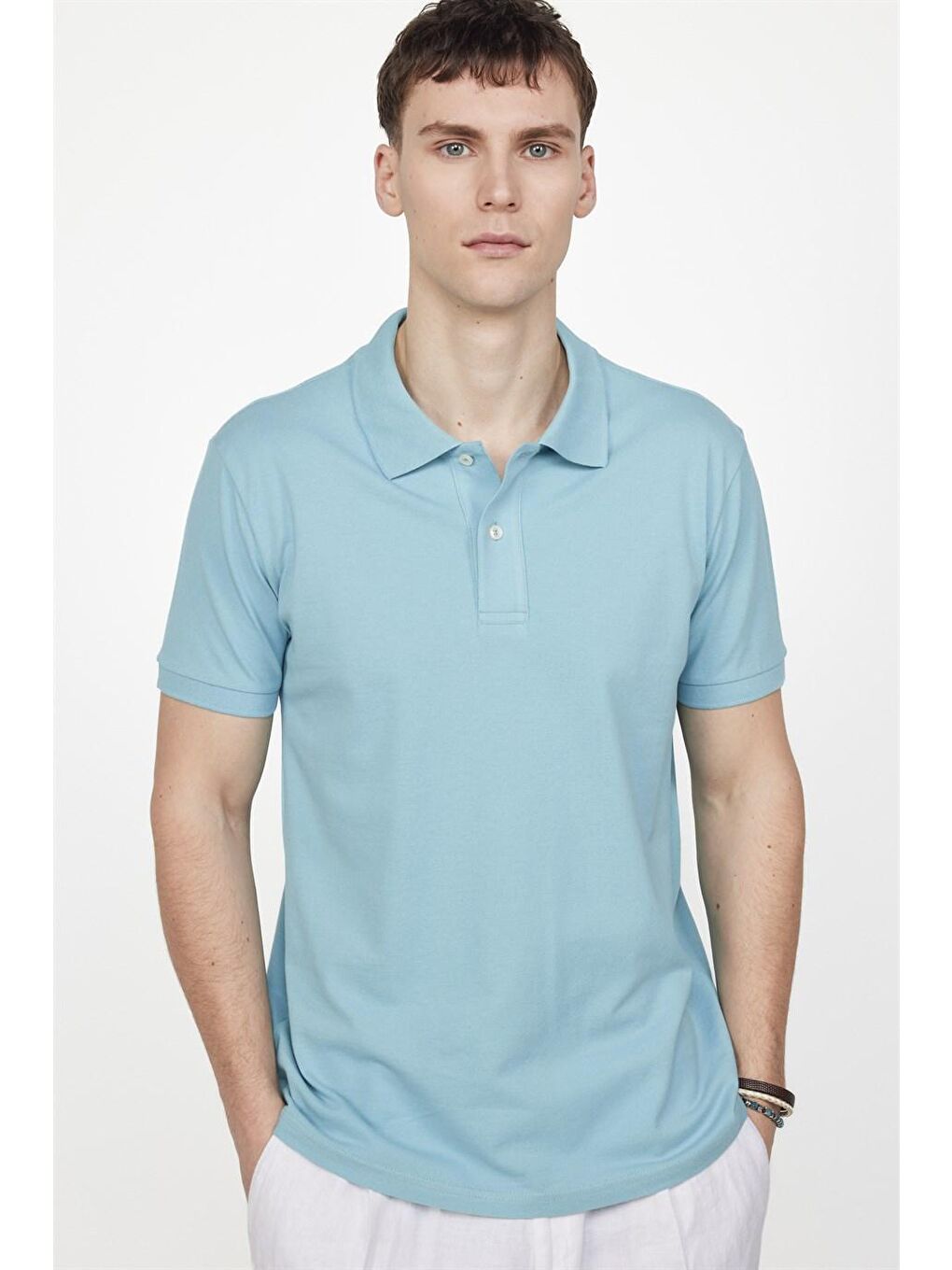 Erkek Slim Fit Dar Kesim %100 Pamuk Düz Pike Mavi Polo Yaka Tişört