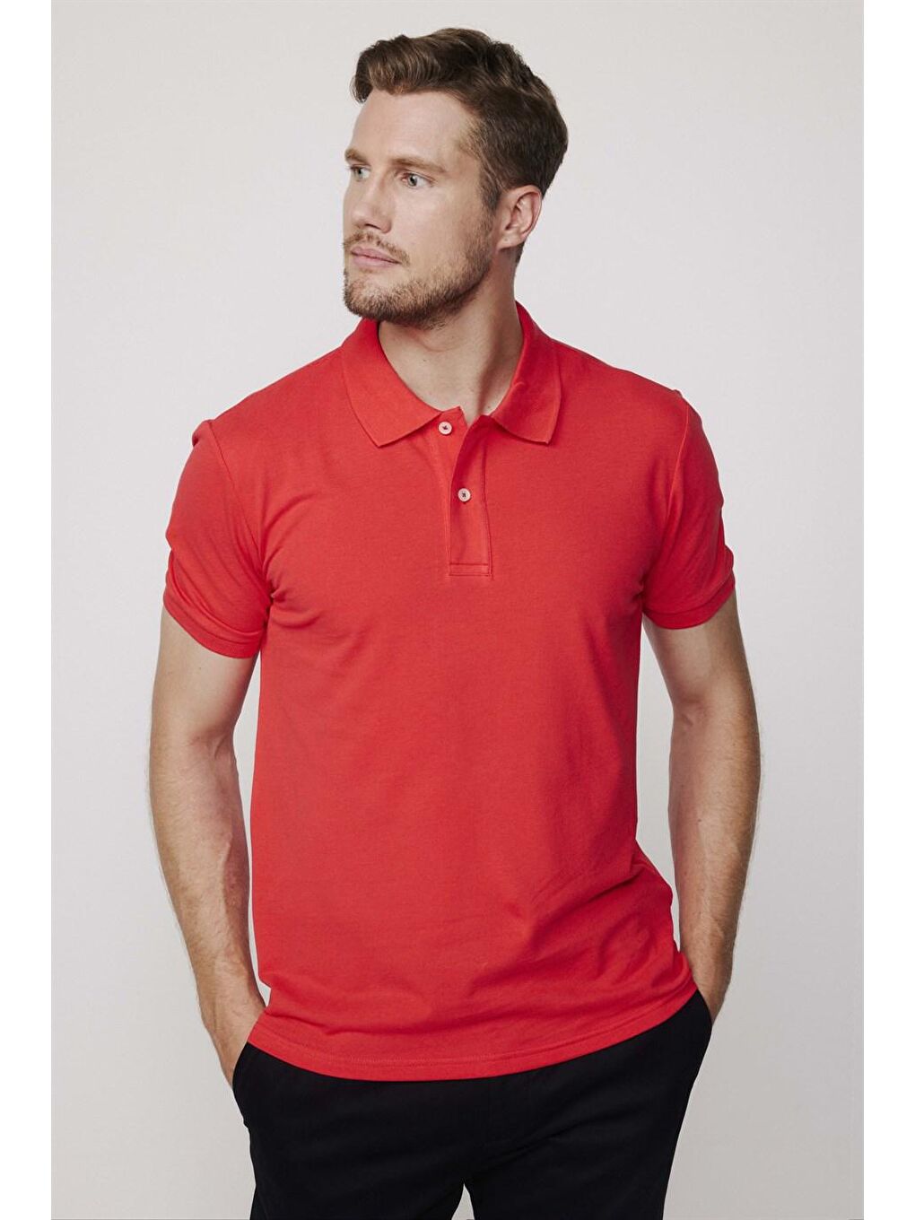 Erkek Slim Fit Dar Kesim %100 Pamuk Düz Pike Kırmızı Polo Yaka Tişört-1