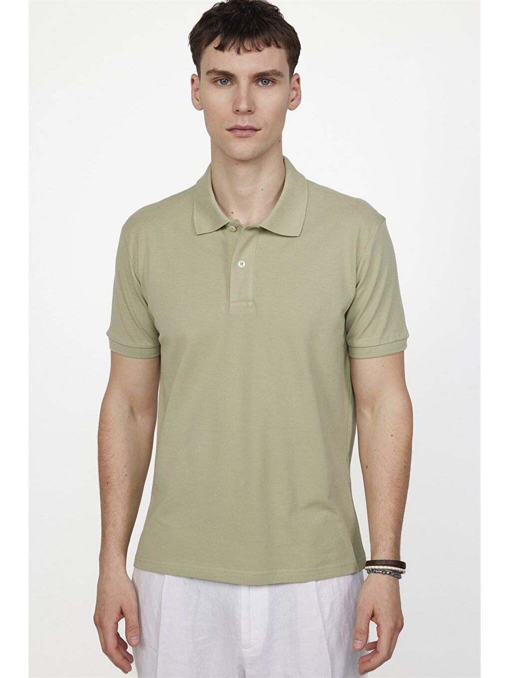 Erkek Polo Yaka Slim Fit Düz Pamuk Pike Yeşil Tişört