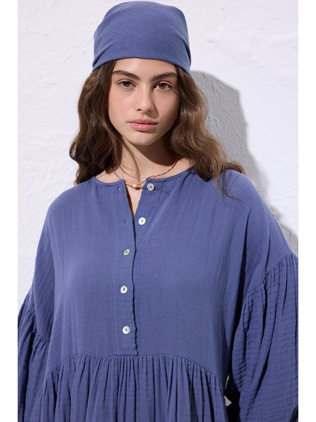 Müslin Düğmeli Rahat Elbise İndigo-6