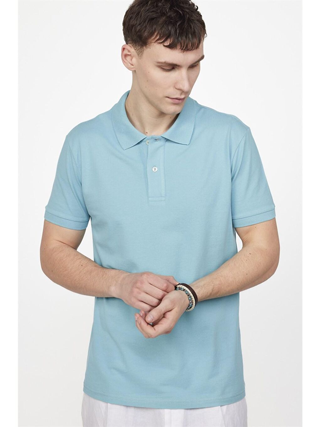 Erkek Slim Fit Dar Kesim %100 Pamuk Düz Pike Mavi Polo Yaka Tişört-1