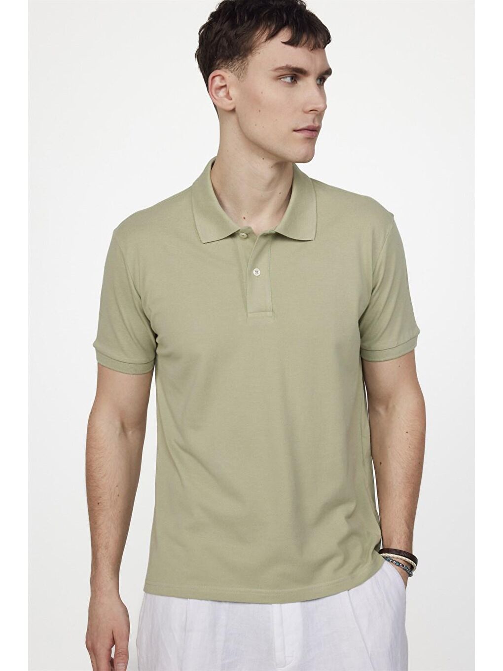 Erkek Polo Yaka Slim Fit Düz Pamuk Pike Yeşil Tişört-2
