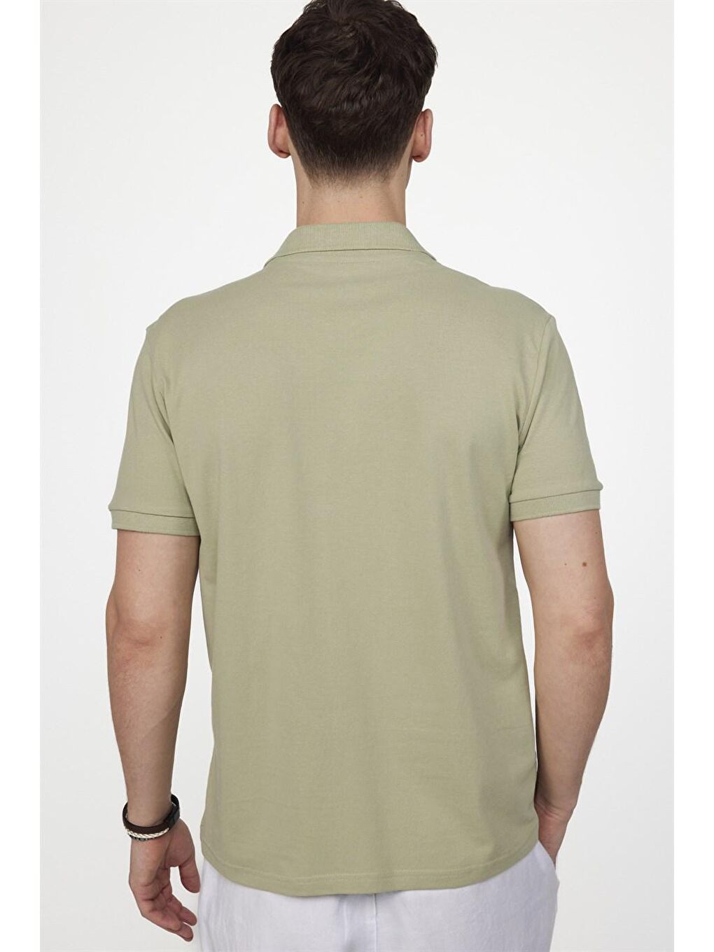 Erkek Polo Yaka Slim Fit Düz Pamuk Pike Yeşil Tişört-3
