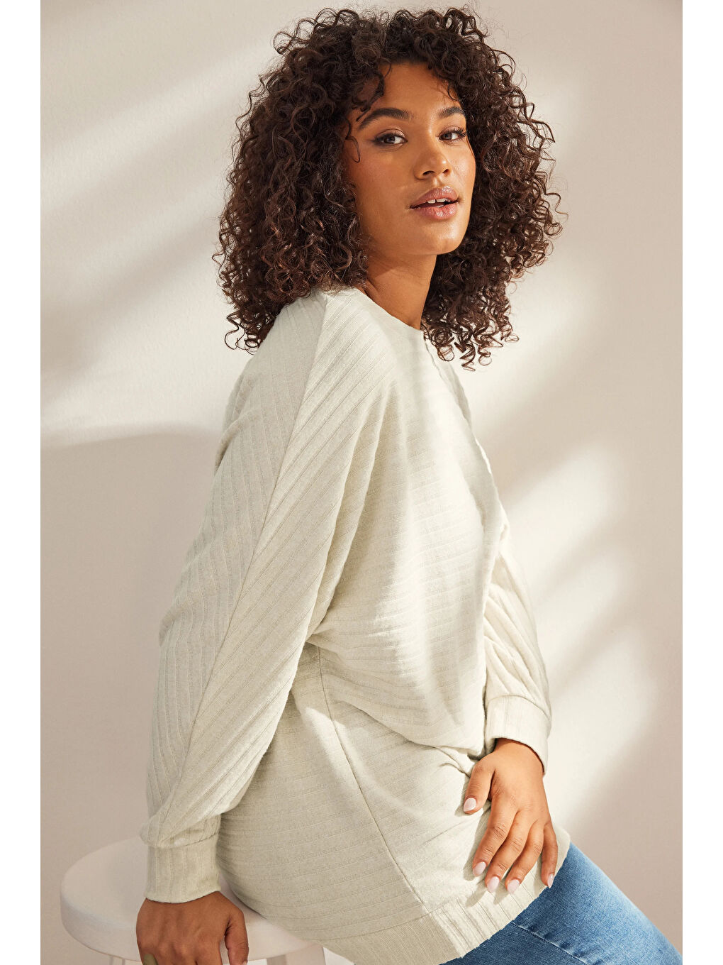 Bej Büyük Beden Uzun Kollu Beli Lastikli Bisiklet Yaka Fitilli Kazak 615140