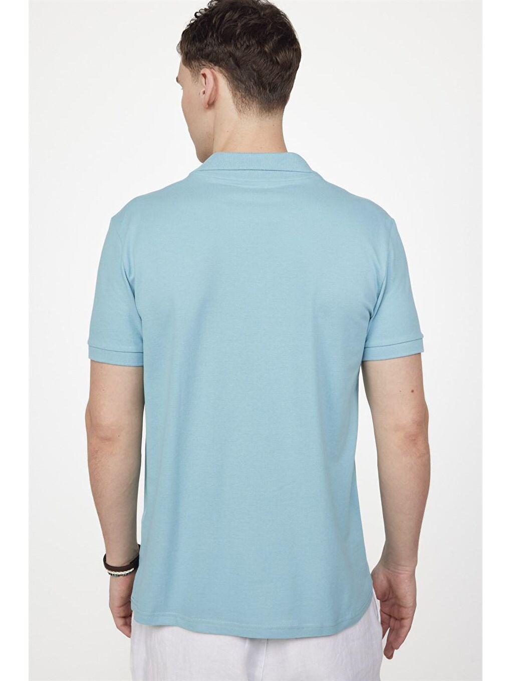 Erkek Slim Fit Dar Kesim %100 Pamuk Düz Pike Mavi Polo Yaka Tişört-3