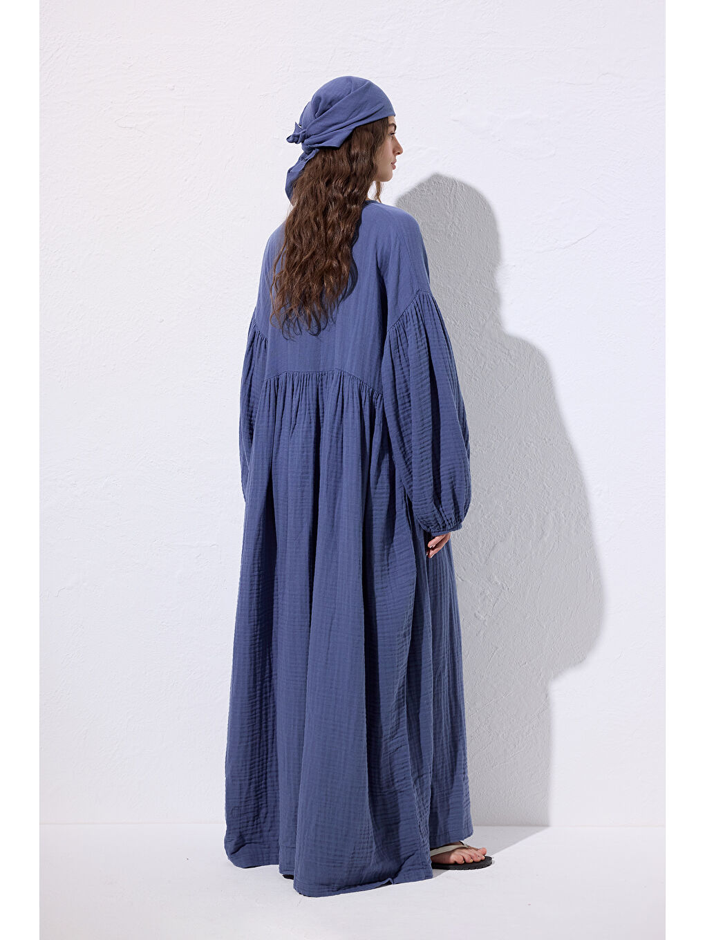 Müslin Düğmeli Rahat Elbise İndigo-7