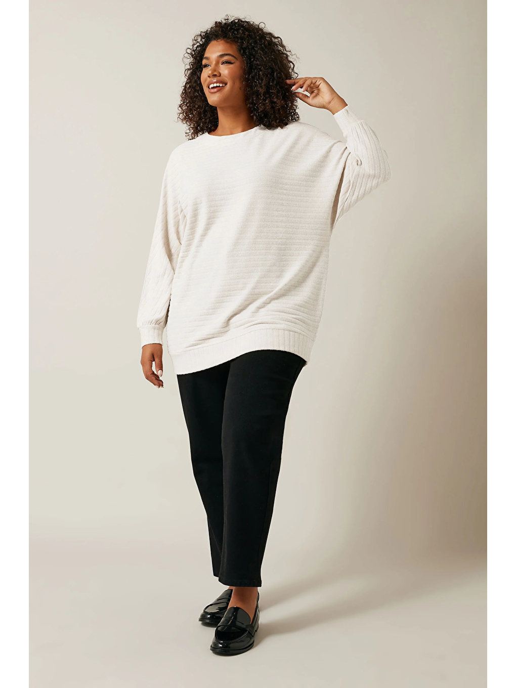 Bej Büyük Beden Uzun Kollu Beli Lastikli Bisiklet Yaka Fitilli Kazak 615140-1