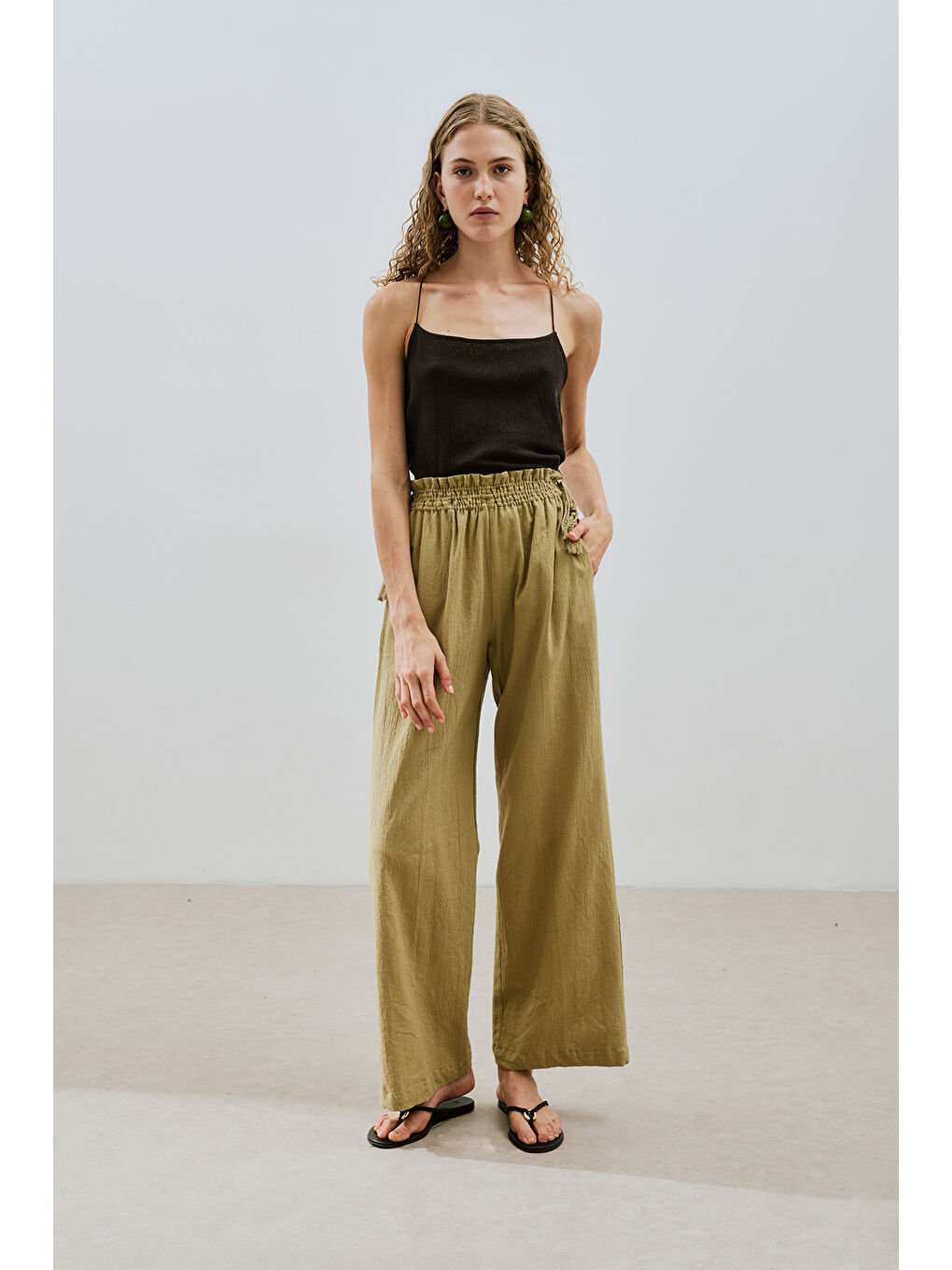 Dokulu Bağlamalı Pantolon Haki