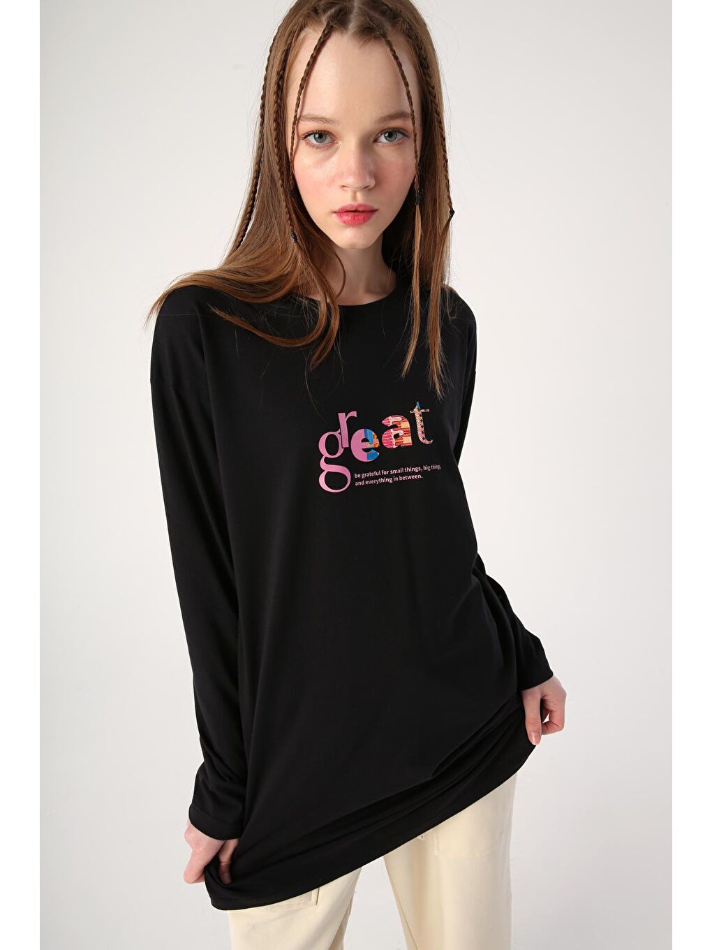 Siyah %100 Pamuk Bisiklet Yaka Baskılı Tişört Tunik