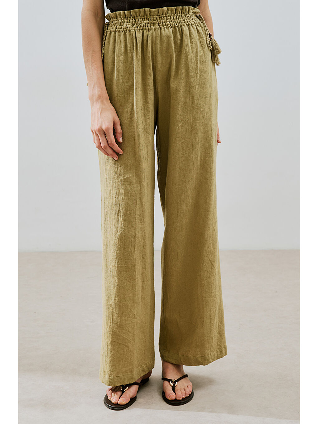 Dokulu Bağlamalı Pantolon Haki-3