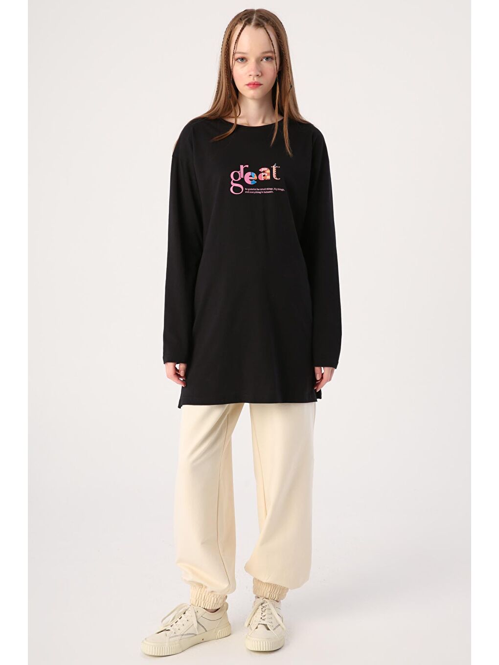 Siyah %100 Pamuk Bisiklet Yaka Baskılı Tişört Tunik-1