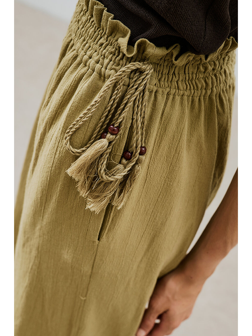 Dokulu Bağlamalı Pantolon Haki-4