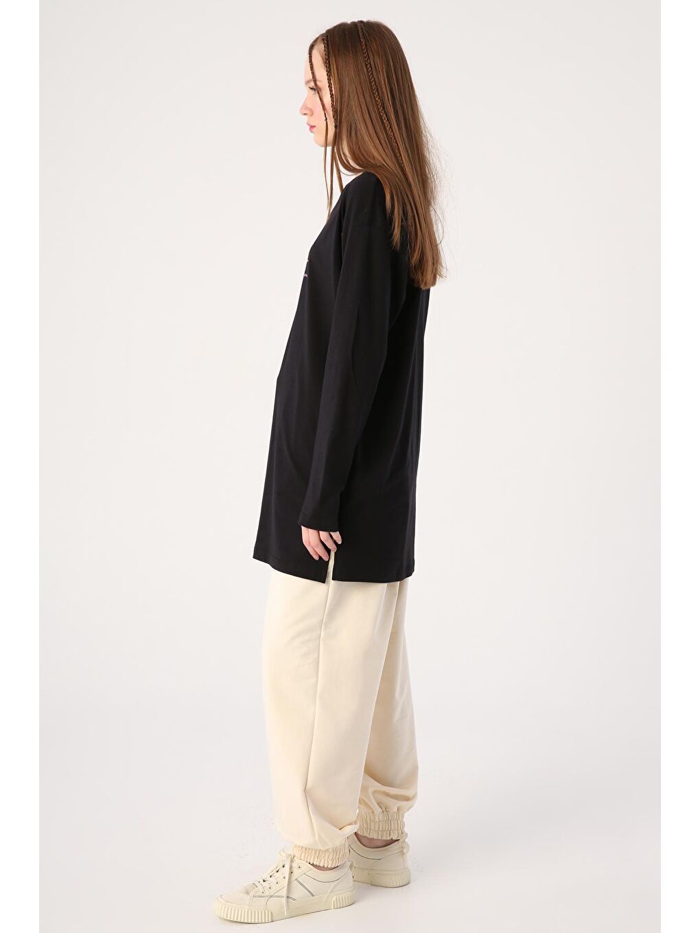 Siyah %100 Pamuk Bisiklet Yaka Baskılı Tişört Tunik-2