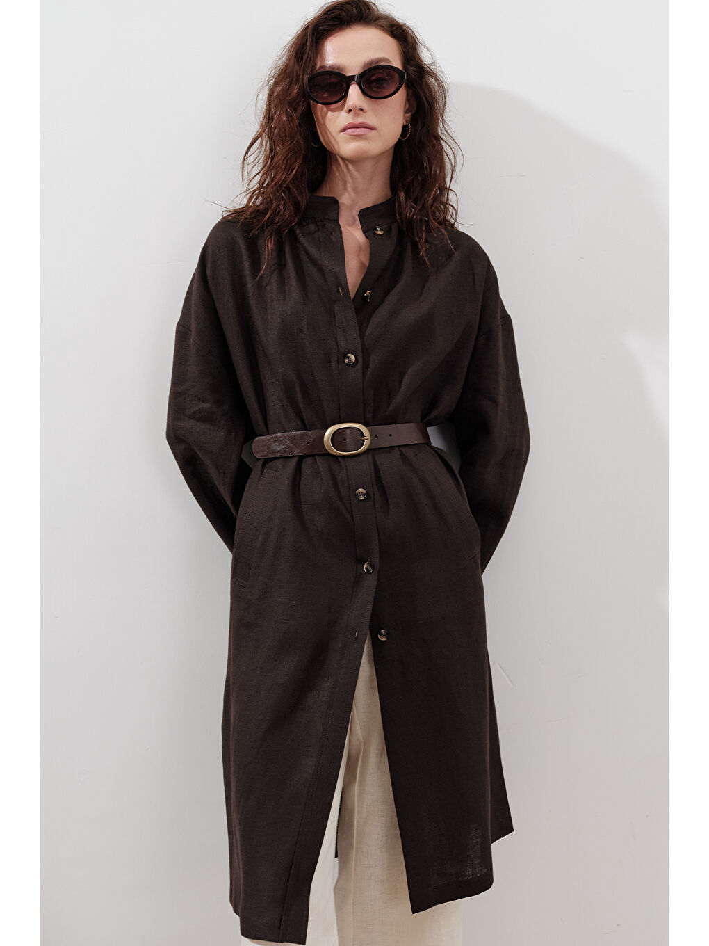 Kahverengi Keten Kemerli Uzun Tunik Acı Kahve-1