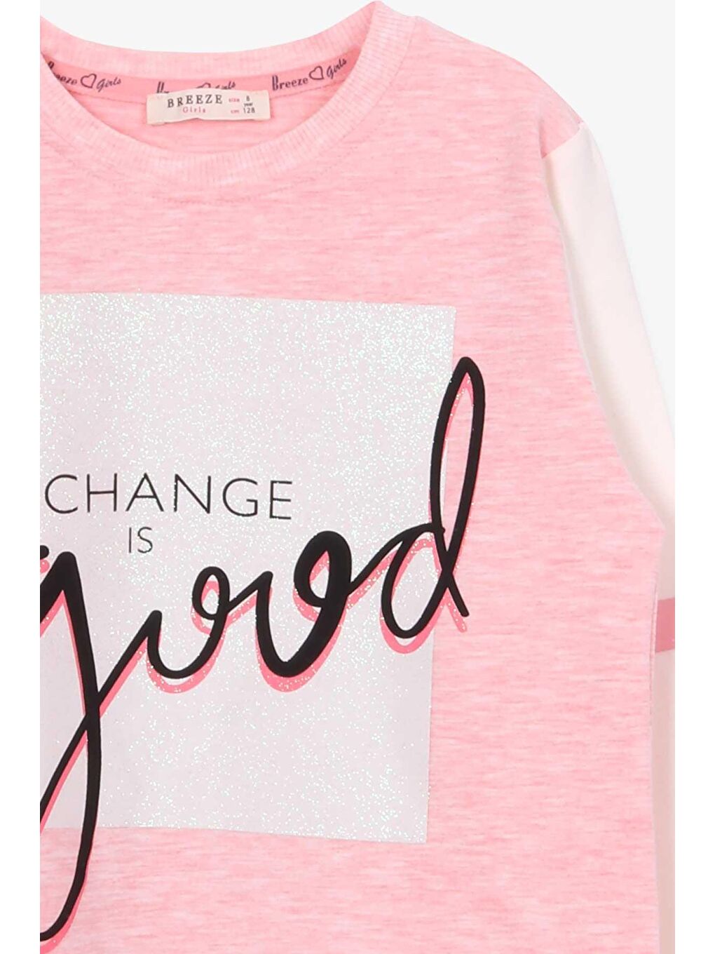 Pembe Kız Çocuk Sweatshirt Simli Yazı Baskılı Somon Melanj (8-14 Yaş)-2