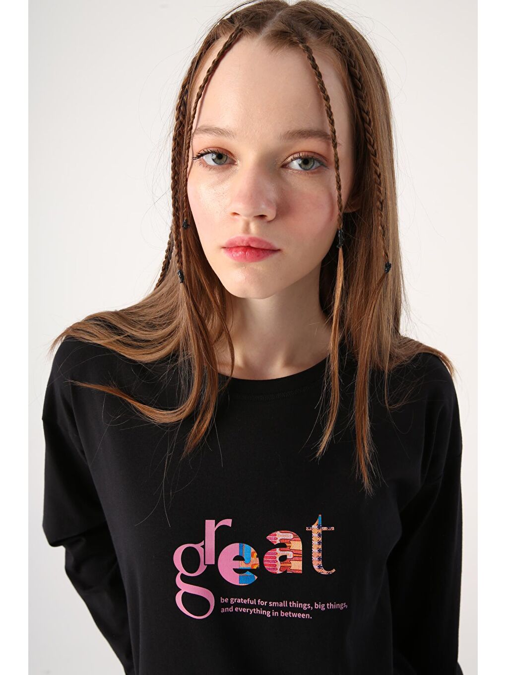 Siyah %100 Pamuk Bisiklet Yaka Baskılı Tişört Tunik-4