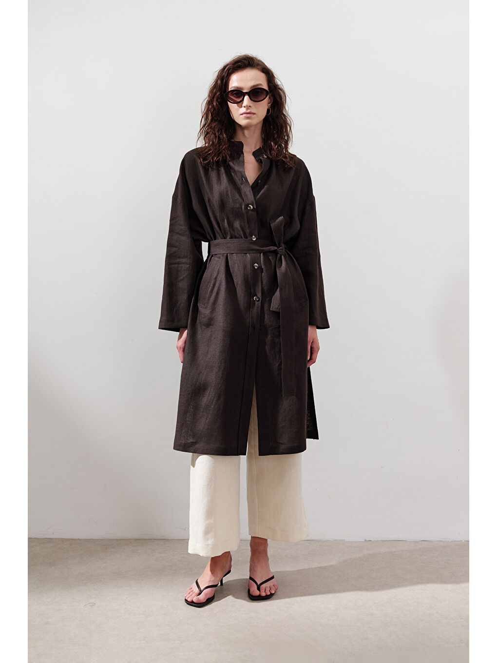 Kahverengi Keten Kemerli Uzun Tunik Acı Kahve-2