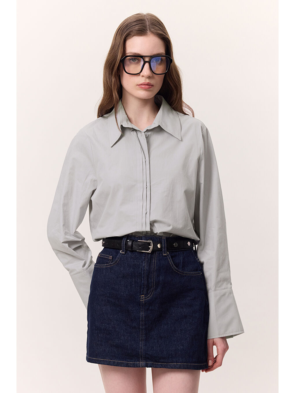 Nervür Detaylı Fit Gömlek Buz Mavi