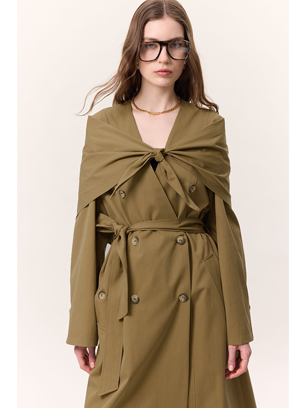 Şal Detaylı Tasarım Trençkot Yeşil-1