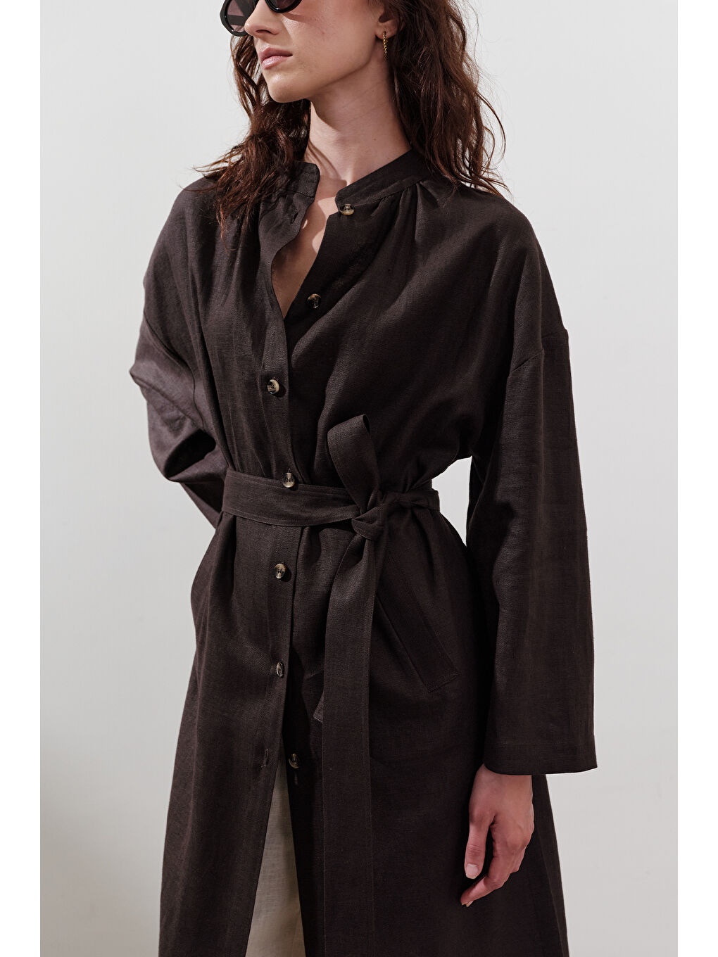 Kahverengi Keten Kemerli Uzun Tunik Acı Kahve-3