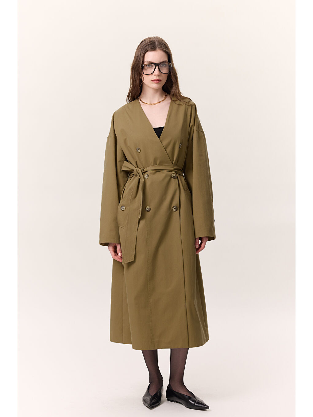 Şal Detaylı Tasarım Trençkot Yeşil-3