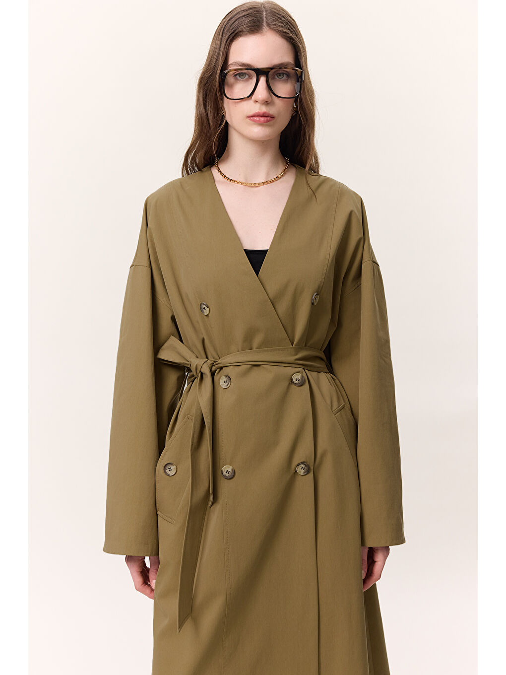 Şal Detaylı Tasarım Trençkot Yeşil-4