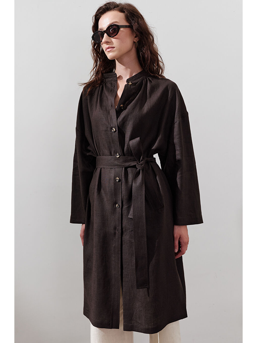 Kahverengi Keten Kemerli Uzun Tunik Acı Kahve-4