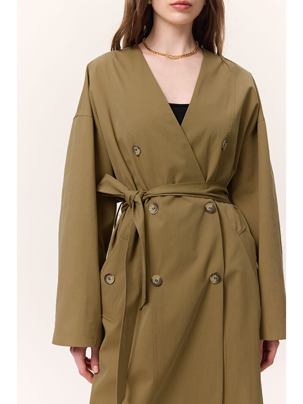 Şal Detaylı Tasarım Trençkot Yeşil-5