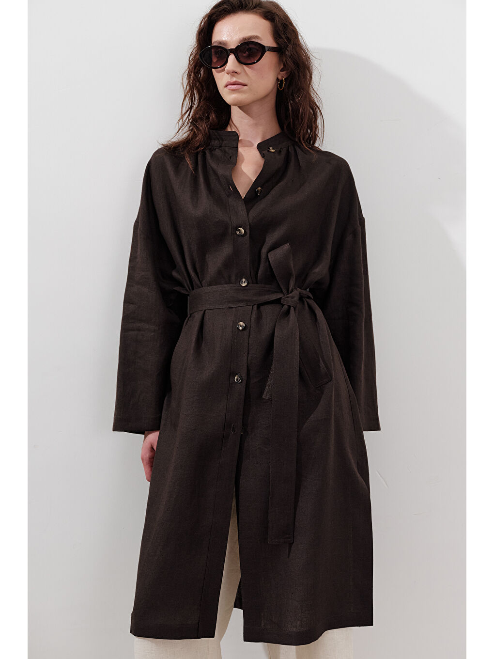 Kahverengi Keten Kemerli Uzun Tunik Acı Kahve-5