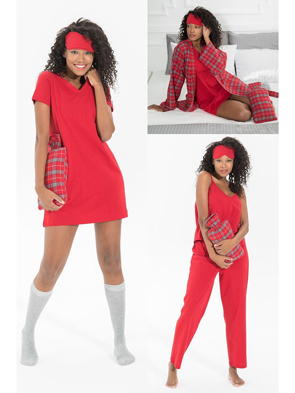 Kırmızı 7'li Ekoseli Pamuklu Sabahlıklı Pijama Takımı