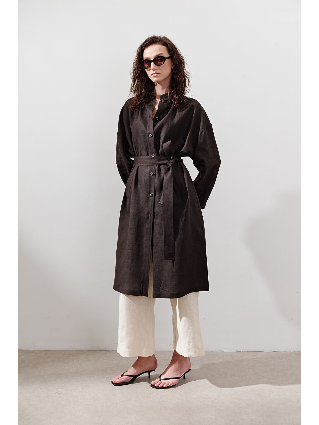 Kahverengi Keten Kemerli Uzun Tunik Acı Kahve-6