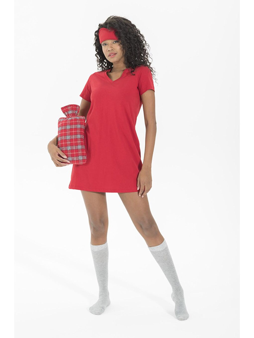 Kırmızı 7'li Ekoseli Pamuklu Sabahlıklı Pijama Takımı-1