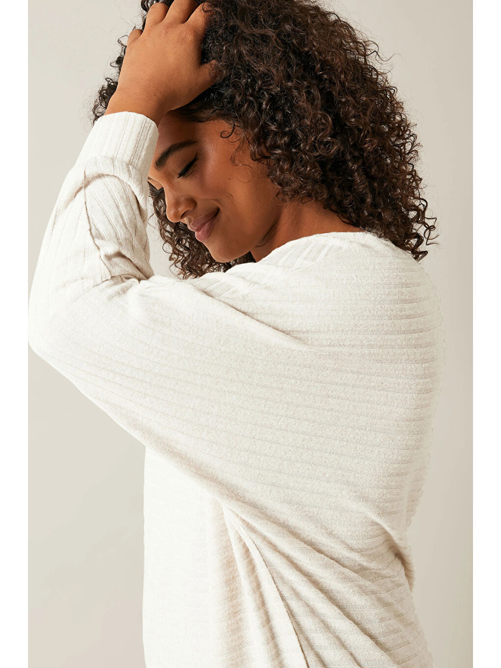 Bej Büyük Beden Uzun Kollu Beli Lastikli Bisiklet Yaka Fitilli Kazak 615140-5