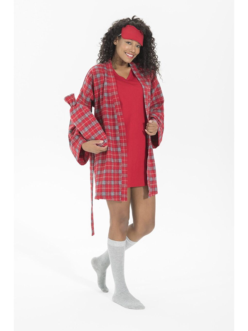 Kırmızı 7'li Ekoseli Pamuklu Sabahlıklı Pijama Takımı-2