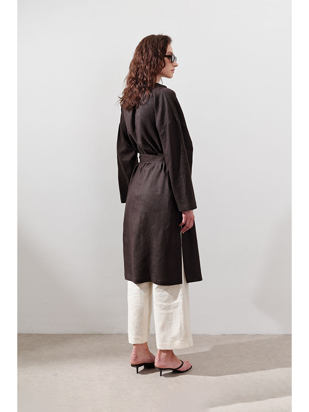 Kahverengi Keten Kemerli Uzun Tunik Acı Kahve-7