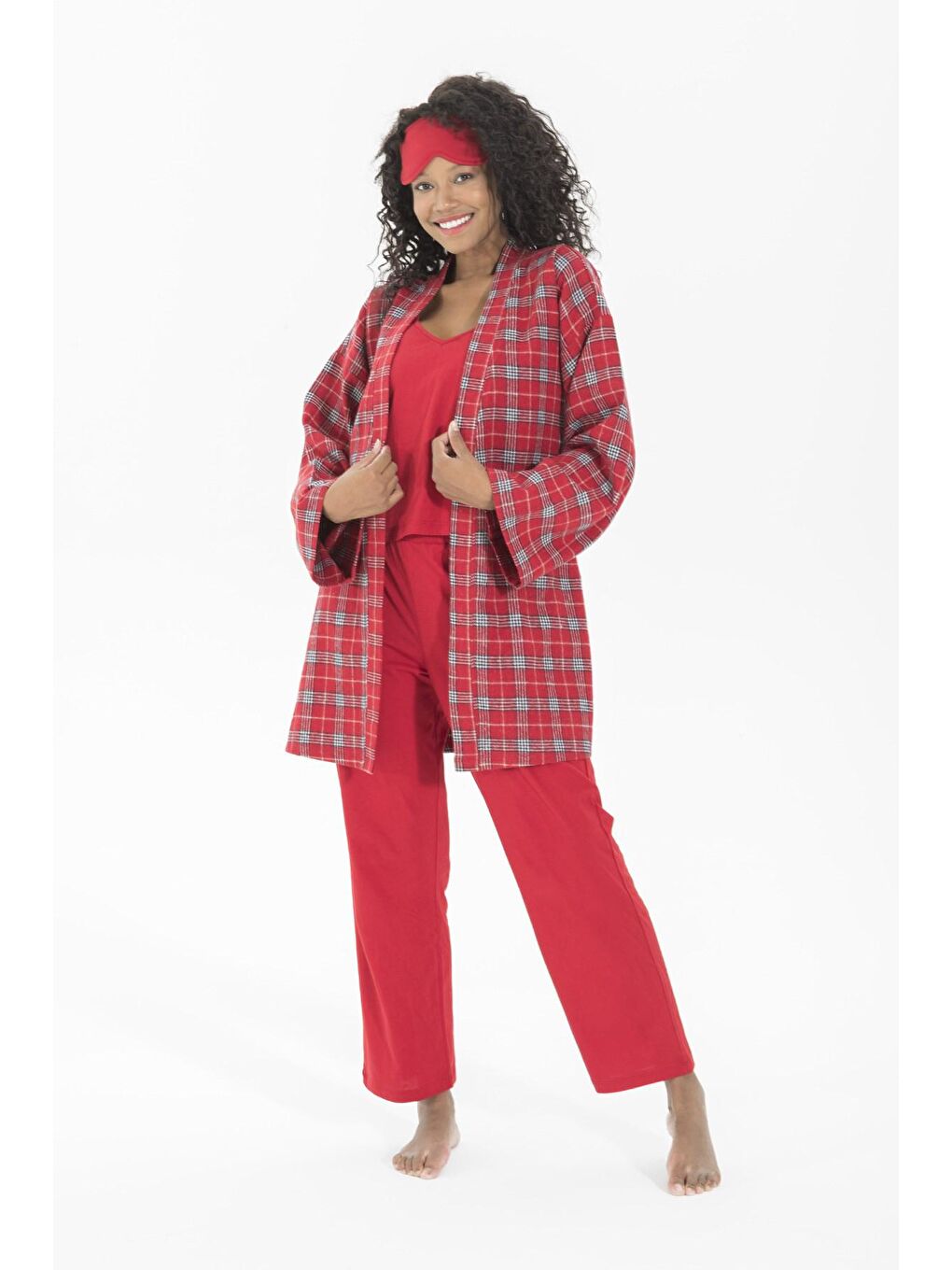 Kırmızı 7'li Ekoseli Pamuklu Sabahlıklı Pijama Takımı-3