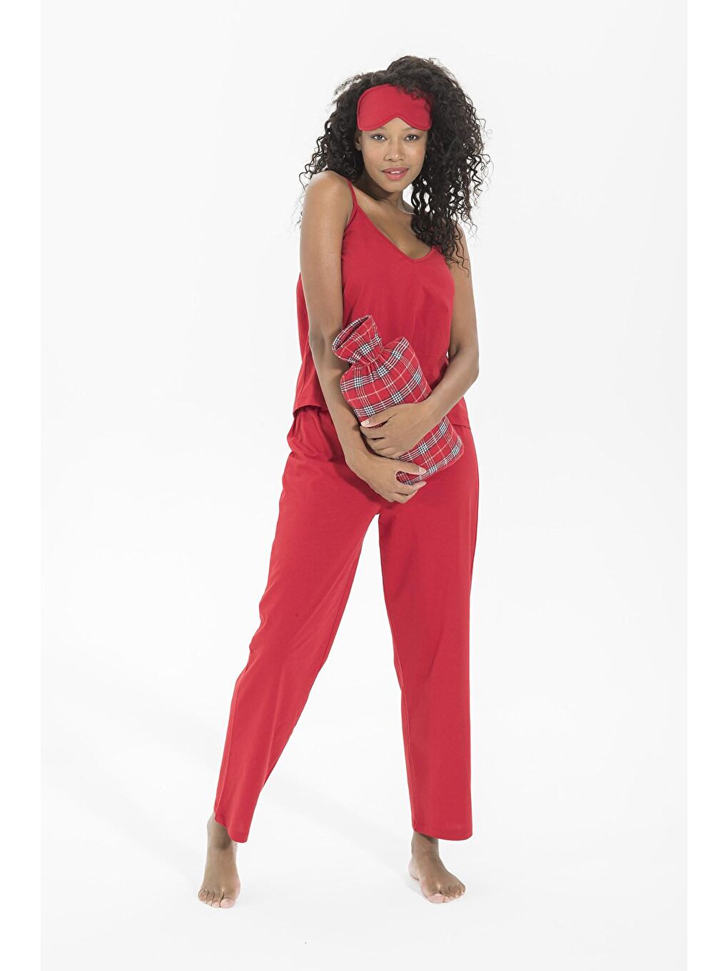 Kırmızı 7'li Ekoseli Pamuklu Sabahlıklı Pijama Takımı-4