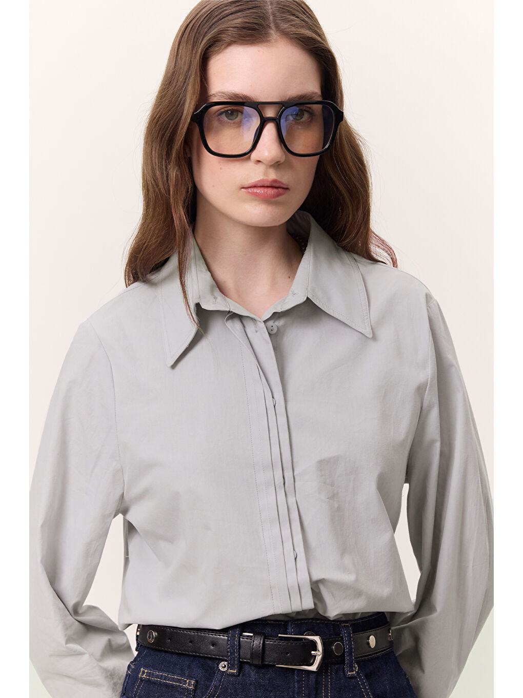 Nervür Detaylı Fit Gömlek Buz Mavi-1