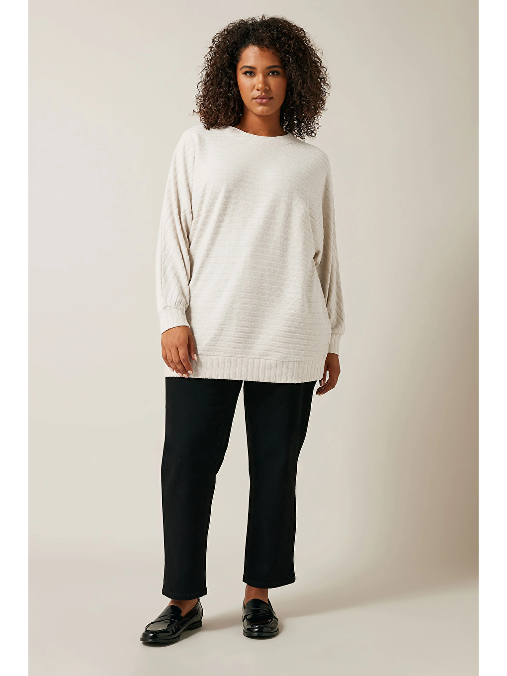 Bej Büyük Beden Uzun Kollu Beli Lastikli Bisiklet Yaka Fitilli Kazak 615140-6