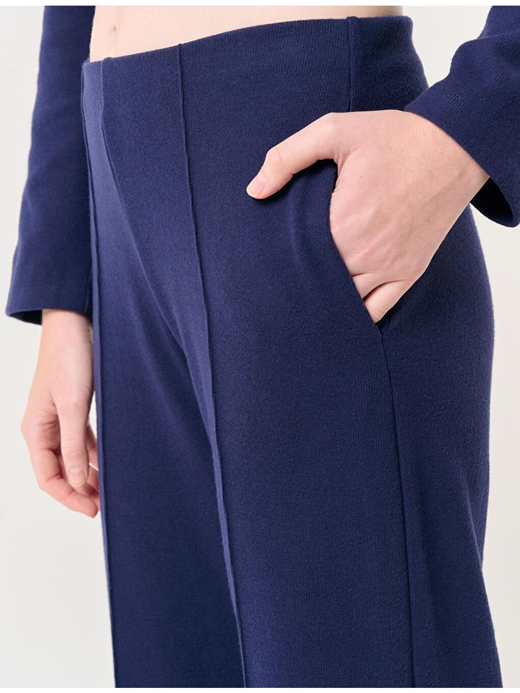 Lacivert Bol Paça Yüksek Bel Rahat Örme Pantolon-1