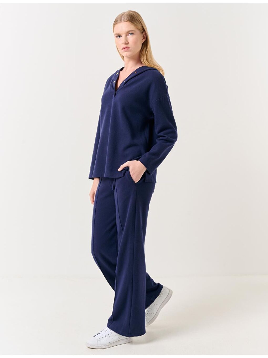 Lacivert Bol Paça Yüksek Bel Rahat Örme Pantolon-2