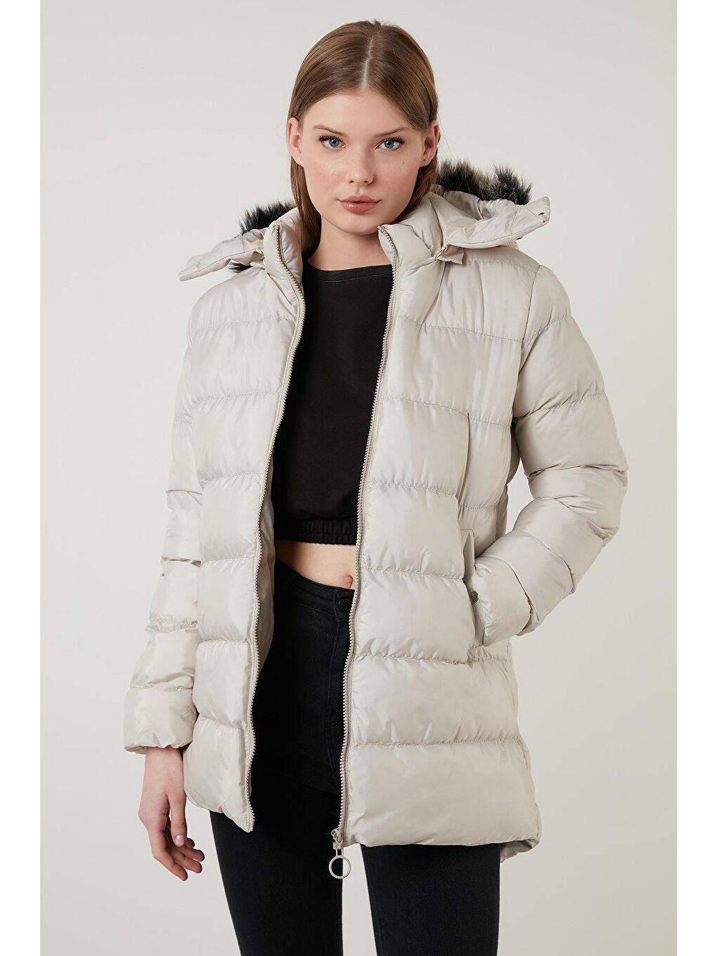 Gri Yakası Tüylü Çıkarılabilir Kapüşonlu Cepli Şişme Mont 5769000