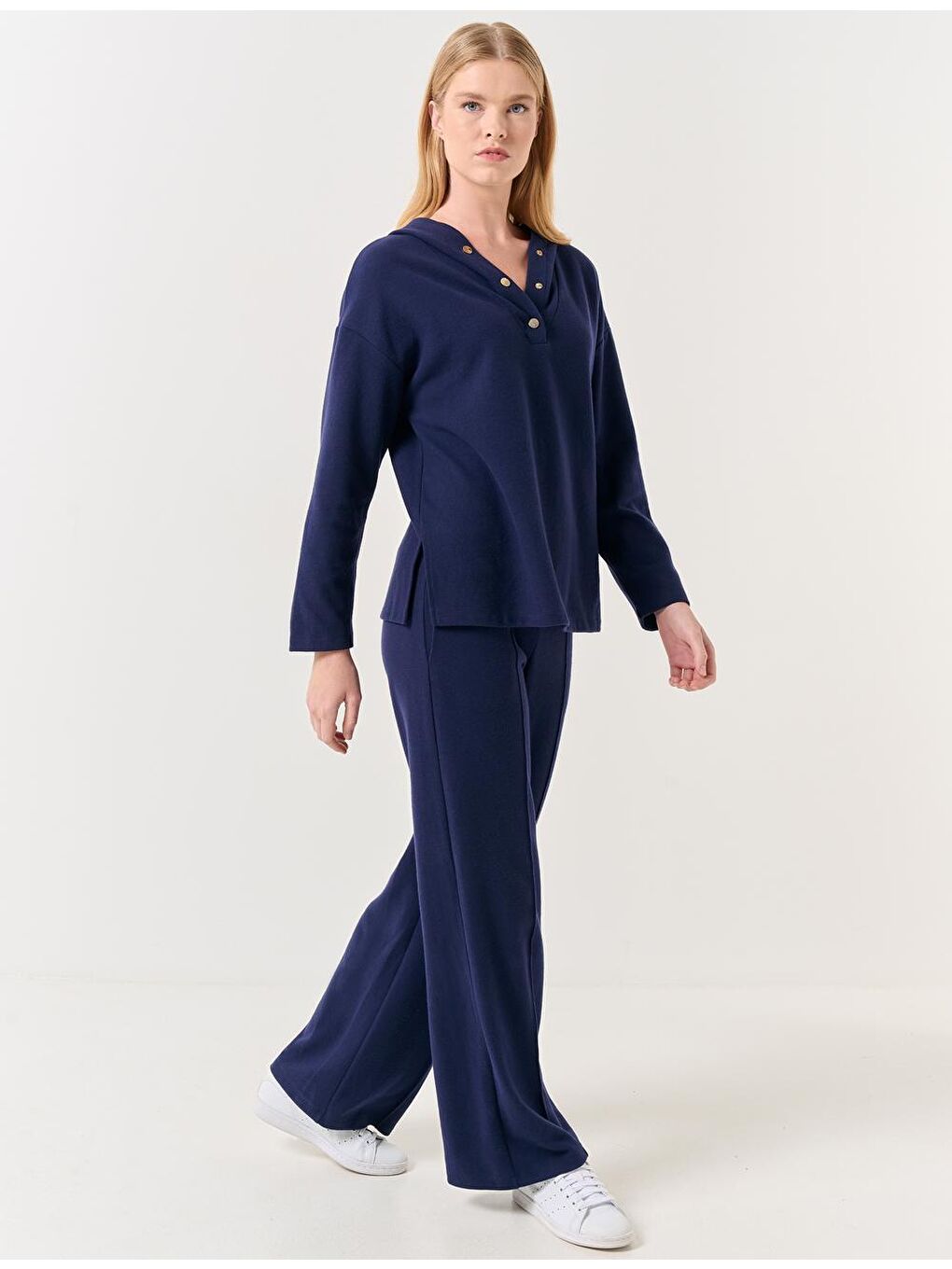 Lacivert Bol Paça Yüksek Bel Rahat Örme Pantolon-3